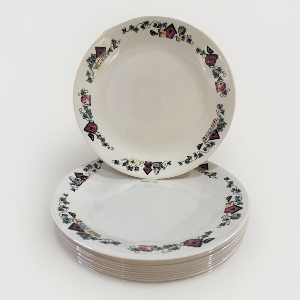 6 Vintage Corelle Garden Home Birdhouse Dinner Plates 10.25" Ivory Ivy USA Set